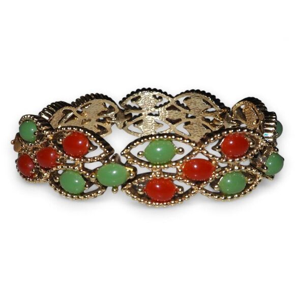 Sarah Coventry Vintage 60s Gold Tone Faux Jade & Cabochons Bracelet - Picture 1 of 7